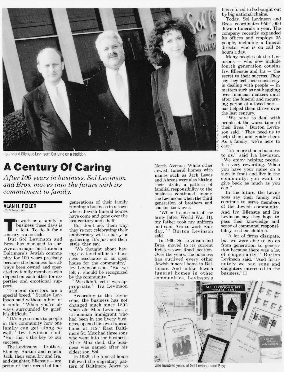 In 1992, Sol Levinson & Bros., Inc. marked 100 years of service to the Jewish community