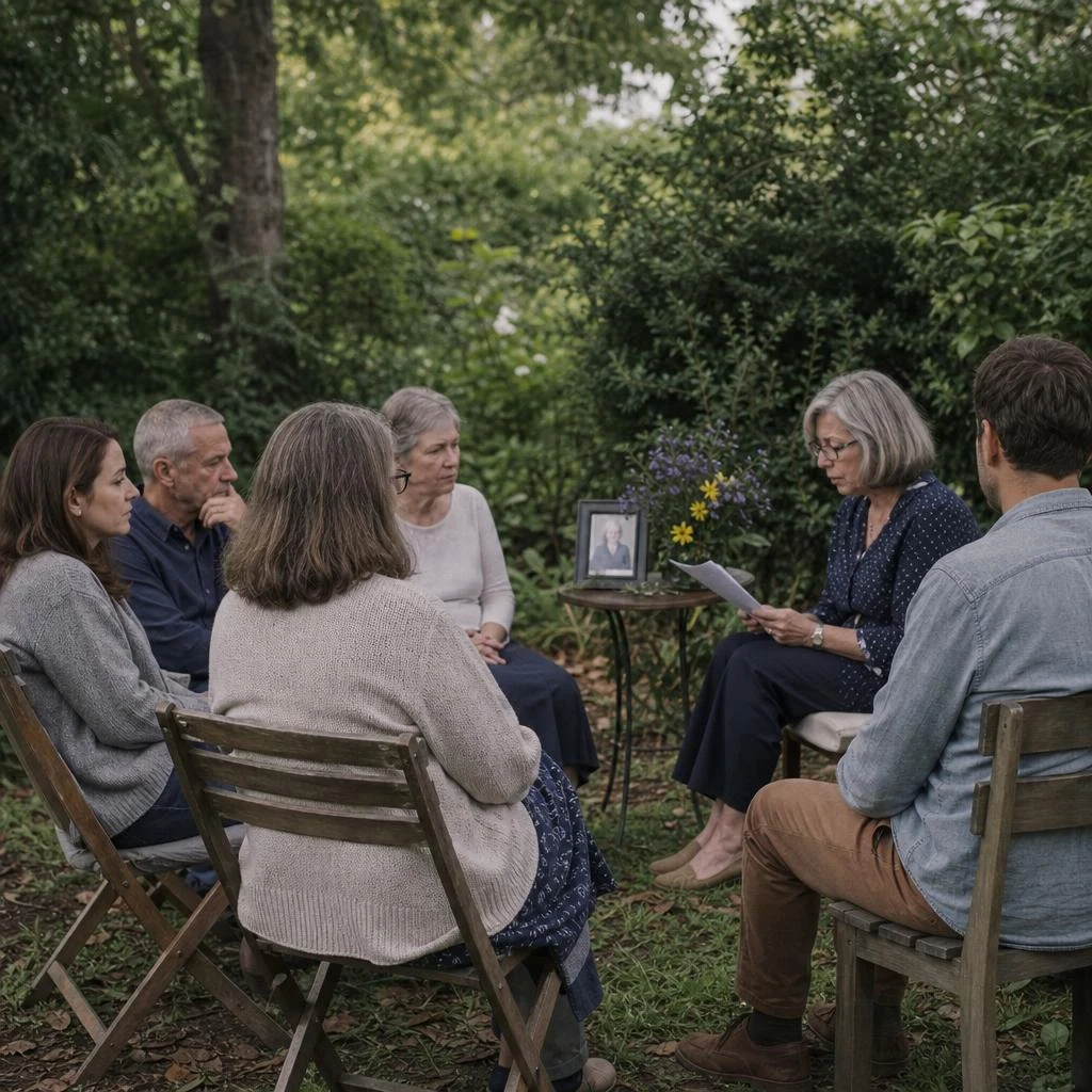 Illustration of a small family remembrance in a garden