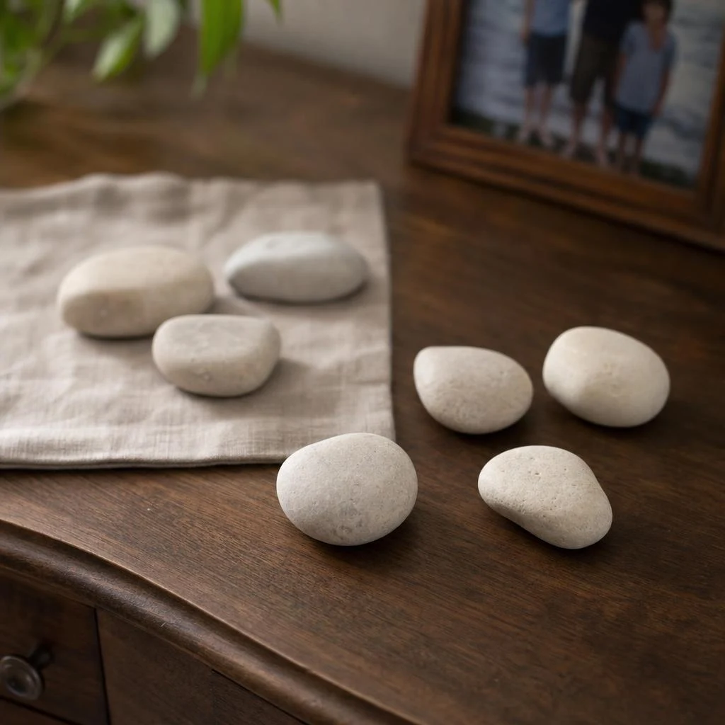 Illustrative setting of smooth memorial stones on a wooden table beside a family photograph