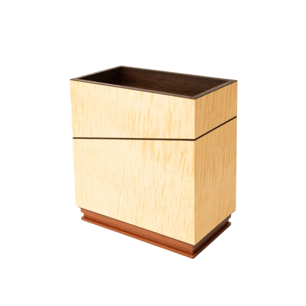 Curly maple urn with a dark wood upper tray and contrasting hardwood base