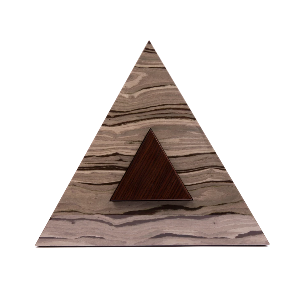 Triangular urn in figured grey wood with a dark triangular inlay at its center