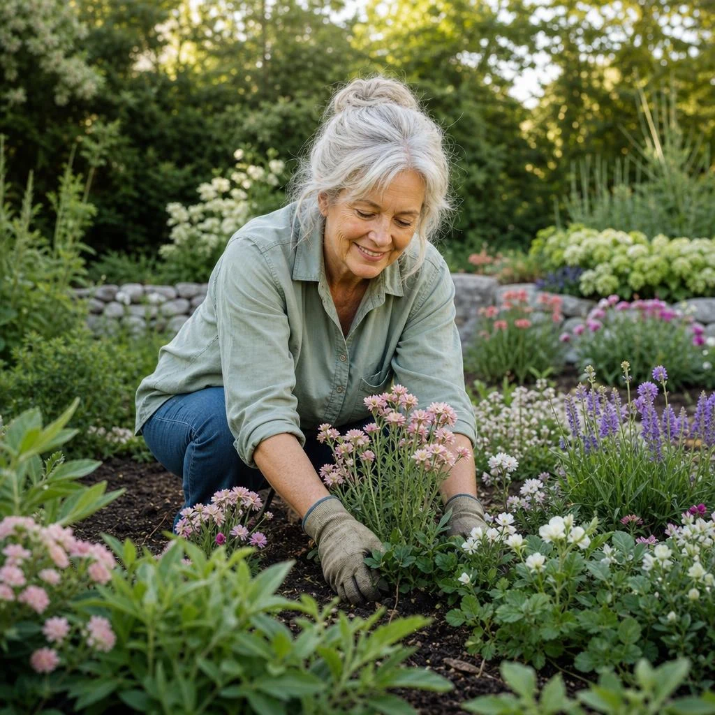 A woman tending flowers in her garden
