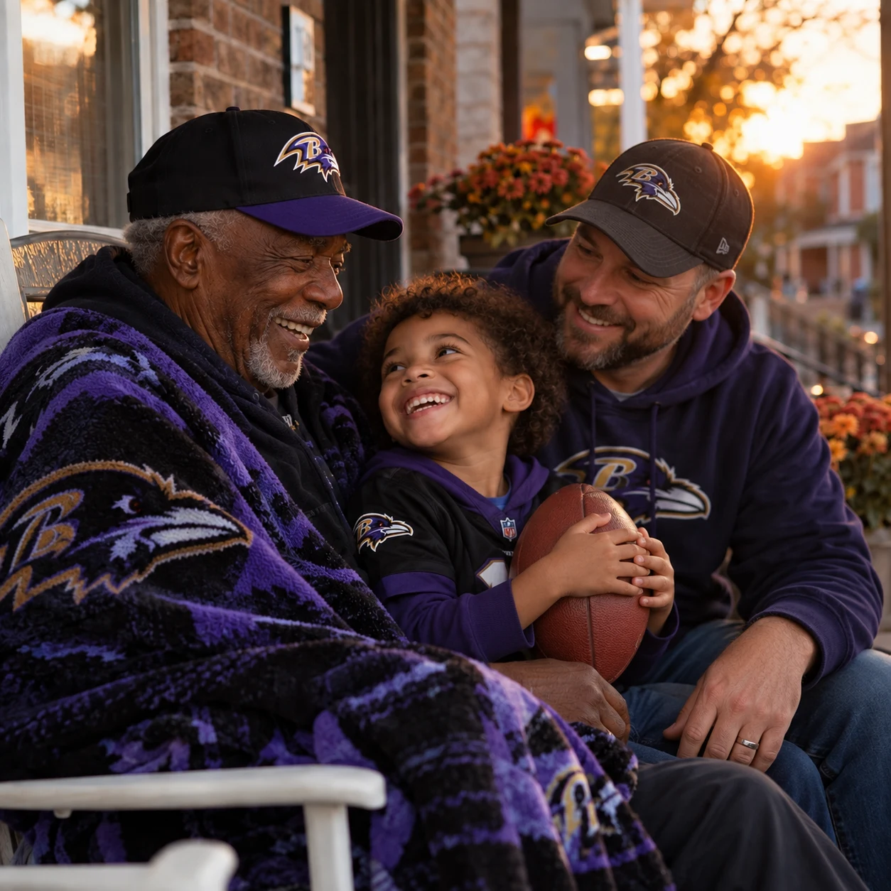 Three generations enjoying time together in Baltimore Ravens clothing