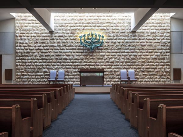 The main chapel, with its sunlit wall of Jerusalem stone