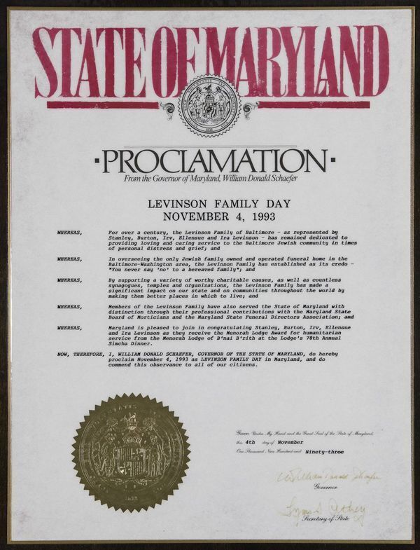 Governor William Donald Schaefer proclaimed November 4, 1993 to be Levinson Family Day